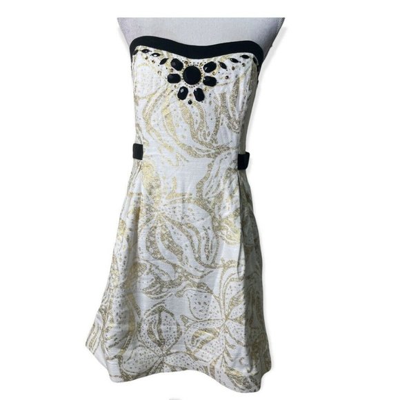 Lilly Pulitzer "Christine" Gold/Black Metallic Beaded Strapless Dress Sz 12 - Picture 2 of 12